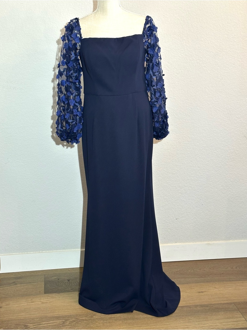Navy Gown Appliqué Puff Sleeves Eliza J